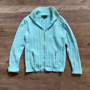 Ralph Lauren Cable Knit Full Zip Sweater Cardigan Blue Preppy Classic | Large